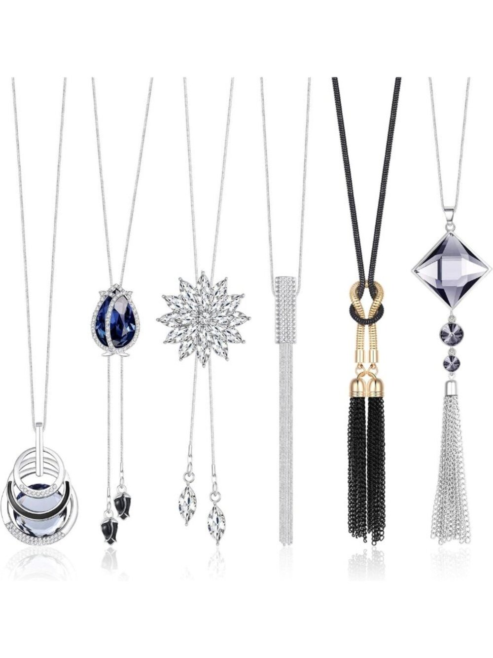 6Pcs Long Sweater Necklace Set - Silver Plated Rhinestone Flower Tassel Jewelry